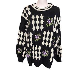 Zara Rosebud Purple Floral Diamond Sweater Womens Large Boho Cottagecore Cozy